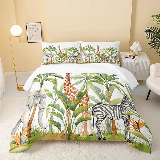 Wild Animal Comforter Full Size,Elephant Giraffe Zebra Kids Comforter Set,Jungle Comforter,3Pcs Bedding Set Printed Comforter with 2 Pillowcases,Down Alternative,Soft and Lightweight - LeafyLoom