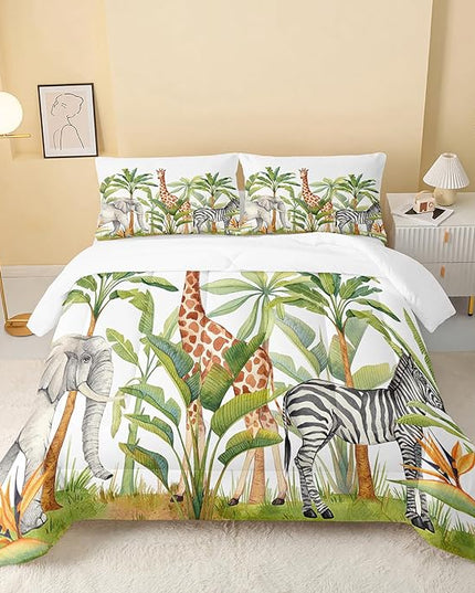Wild Animal Comforter King Size,Elephant Giraffe Zebra Kids Comforter Set,3Pcs Bedding Set Printed Comforter with 2 Pillowcases,Down Alternative,Soft and Lightweight - LeafyLoom