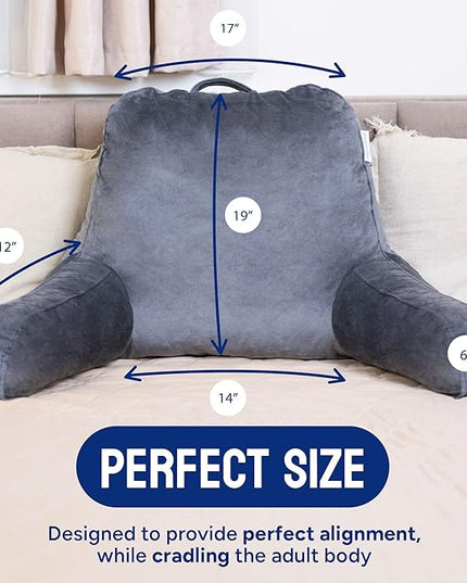 ComfortSpa Reading Pillow for Bed Adult Size, Back Rest Pillow with Arms, Pockets and Washable Cover; Use as a Back Pillow for Sitting in Bed for Bedrest or Relief from GERD Heartburn (Grey) - LeafyLoom