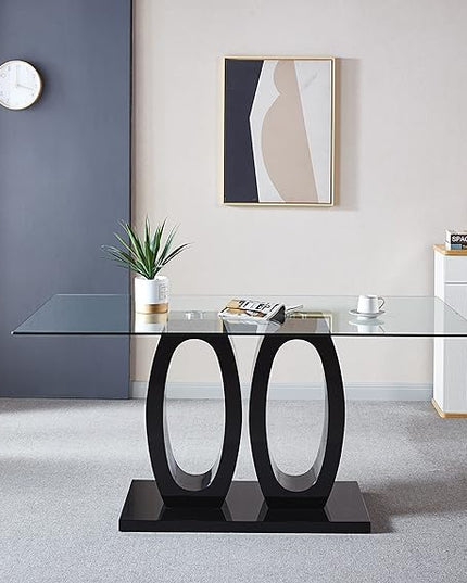 NicBex Modern Minimalist Rectangular Glass Dining Table Contemporary Double Pedestal Dining Table, Tempered Glass Top with MDF Base for Kitchen Dining Living Meeting Room Banquet Hall, Black - LeafyLoom