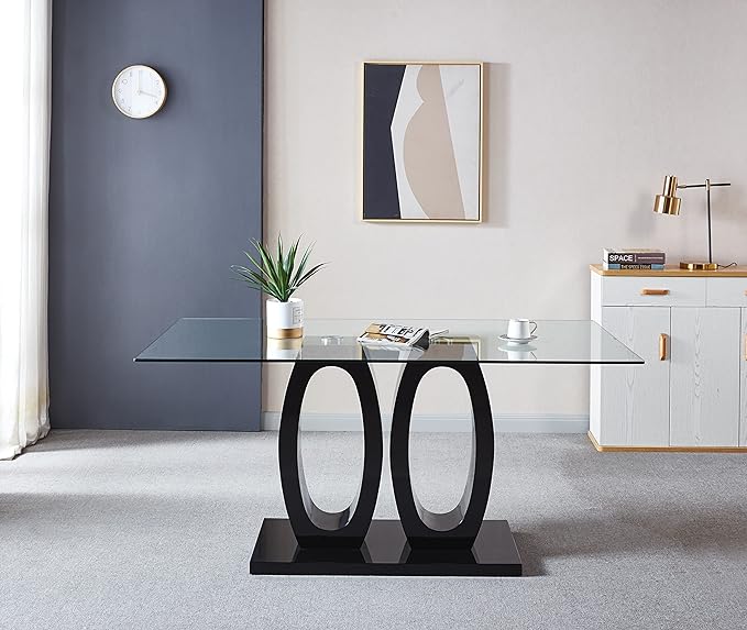 NicBex Modern Minimalist Rectangular Glass Dining Table Contemporary Double Pedestal Dining Table, Tempered Glass Top with MDF Base for Kitchen Dining Living Meeting Room Banquet Hall, Black - LeafyLoom