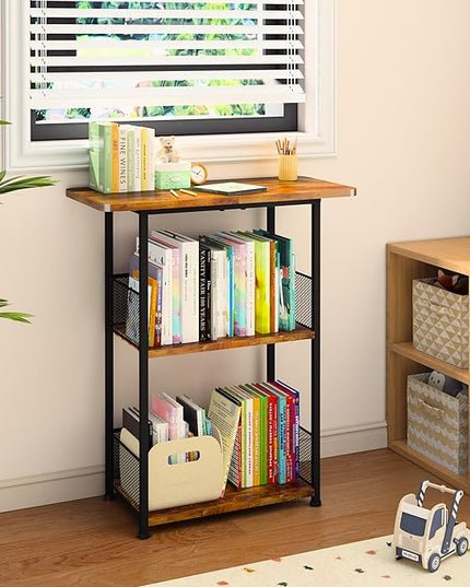Small Bookshelf 3 Tier Small Table - Office Shelf Rustic Industrial Bookshelf, Wood and Metal Storage Shelf Stand Organizer Tall Table for Living Room, Bedroom, Office - LeafyLoom