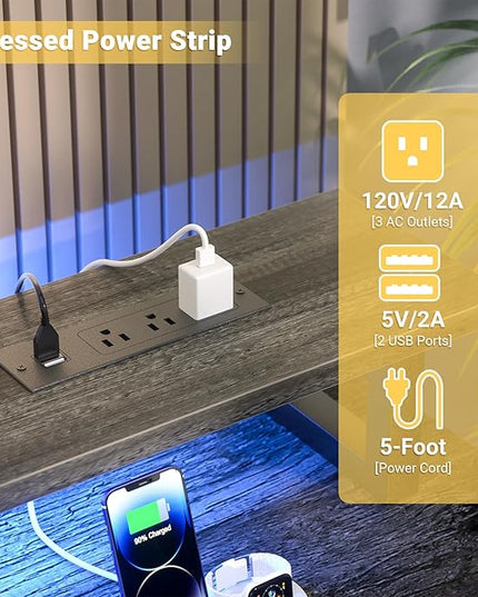 Computer Desk with USB Power Outlets and LED Lights, 55 inch Gaming desk with Monitor Stand for Small Space Home Office, Modern Simple Study Writing Table PC Desks, Black Oak - LeafyLoom