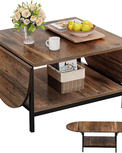 SAYGOER Coffee Table Mid Century Modern Extended Coffee Tables 2-Tier Storage Vintage Table for Living Room Farmhouse Center Table with Two Foldable Panel for Any Large or Small Space, Rustic Brown - LeafyLoom