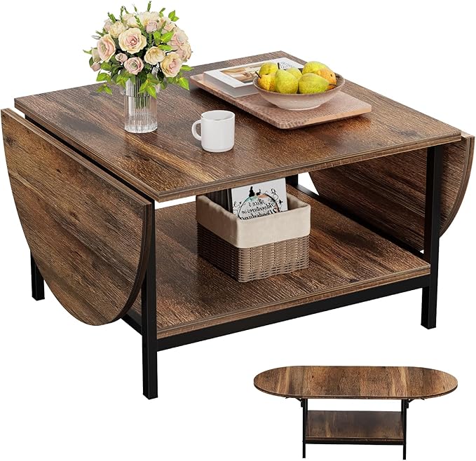 SAYGOER Coffee Table Mid Century Modern Extended Coffee Tables 2-Tier Storage Vintage Table for Living Room Farmhouse Center Table with Two Foldable Panel for Any Large or Small Space, Rustic Brown - LeafyLoom