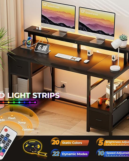 GreenForest Computer Desk with 2 Drawers and Power Outlets,50 Inch Office Desk with 2 Monitor Stands and Fabric File Cabinet, Reversible Gaming table with Led Lights and Shelves, Work Desk, Black - LeafyLoom