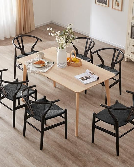Farini Wishbone Chairs for Dining Room Solid Wood Rattan Chair Armchairs Y Shaped Backrest Hemp Seat for Home Restaurant Fully-Assembled(Set of 2,Black-Black Seat) - LeafyLoom