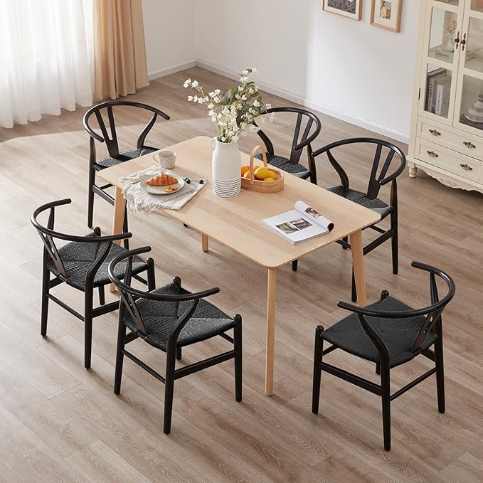 Farini Wishbone Chairs for Dining Room Solid Wood Rattan Chair Armchairs Y Shaped Backrest Hemp Seat for Home Restaurant Fully-Assembled(Set of 2,Black-Black Seat) - LeafyLoom