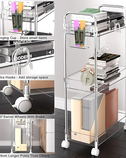 SPACEKEEPER 3 Tier Acrylic Storage Rolling Cart Clear Bathroom Cart Organizer, Transparency Laundry Room Organization Mobile Shelving Unit Multifunction Rolling Utility Cart for Office Living Room - LeafyLoom
