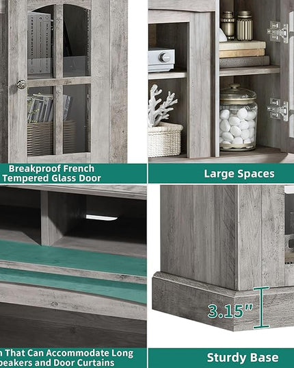 YITAHOME LED Farmhouse TV Stand for TV up to 65 Inch w/Outlets, Highboy Media Entertainment Center Console Table Adjustable Storage Shelves &Cabinet Glass Door for 400lbs for Living Room, Rustic Gray - LeafyLoom