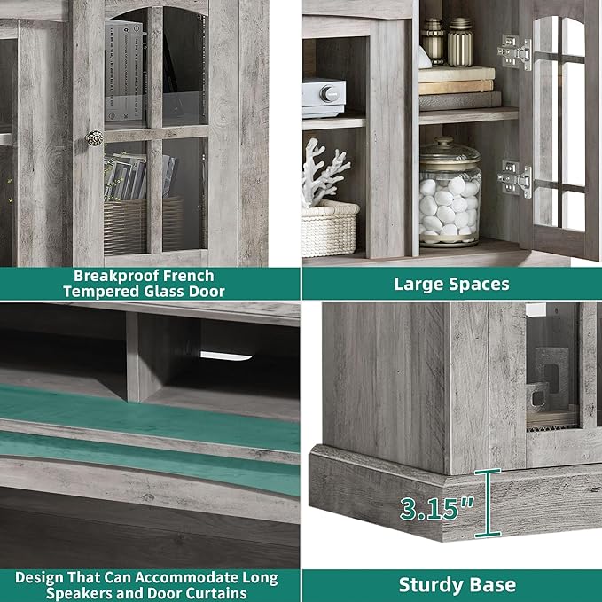 YITAHOME LED Farmhouse TV Stand for TV up to 65 Inch w/Outlets, Highboy Media Entertainment Center Console Table Adjustable Storage Shelves &Cabinet Glass Door for 400lbs for Living Room, Rustic Gray - LeafyLoom
