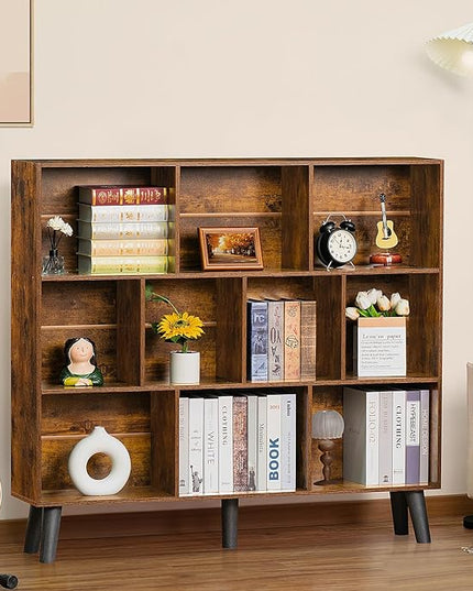 LEYAOYAO 10 Cube Bookshelf,3 Tier Modern Wide Bookcase with Legs,Mid-Century Wood Bookshelves Storage，Brown Large Book Case,Freestanding Organizer Display Shelf for Bedroom,Living Room,Office - LeafyLoom