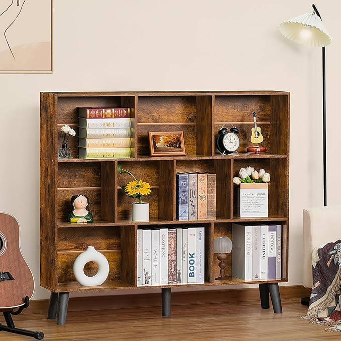 LEYAOYAO 10 Cube Bookshelf,3 Tier Modern Wide Bookcase with Legs,Mid-Century Wood Bookshelves Storage，Brown Large Book Case,Freestanding Organizer Display Shelf for Bedroom,Living Room,Office - LeafyLoom