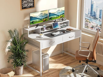 Computer Desk with Drawers, 47" Home Office Desk with Monitor Shelf, Writing Desk with Storage, Gaming Desk Work Desk Study Desk for Bedroom, White - LeafyLoom