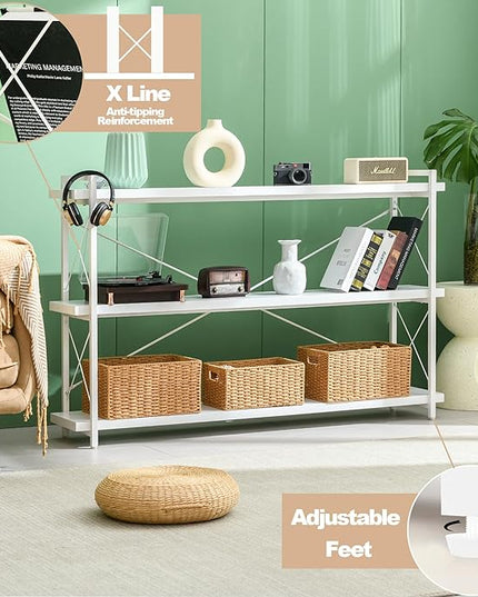 HCHQHS Bookshelf, 3-Tier Long Industrial Bookcase, White Open Book Shelf, Freestanding Horizontal Bookshelves with Metal Frame - LeafyLoom