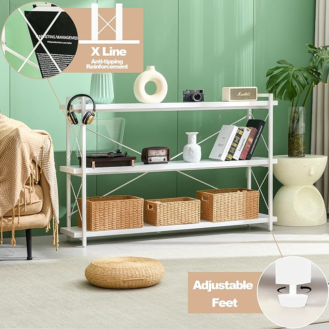 HCHQHS Bookshelf, 3-Tier Long Industrial Bookcase, White Open Book Shelf, Freestanding Horizontal Bookshelves with Metal Frame - LeafyLoom