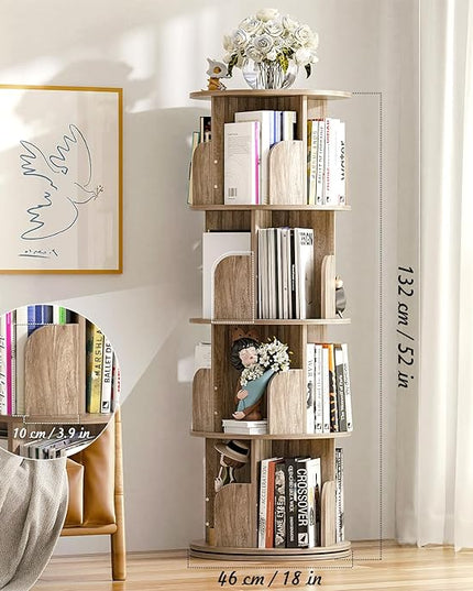 Nisorpa 4 Tier Rotating Bookshelf, 360° Revolving Bookcase Wood Rotating Stackable Shelves Floor-Standing Storage Display Rack Used in Bedrooms Living Rooms Study Office (52"x18"x18") - LeafyLoom