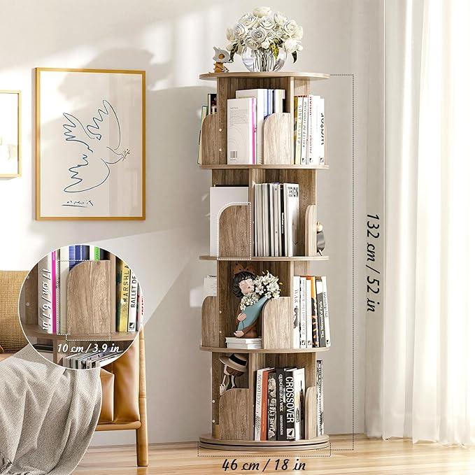 Nisorpa 4 Tier Rotating Bookshelf, 360° Revolving Bookcase Wood Rotating Stackable Shelves Floor-Standing Storage Display Rack Used in Bedrooms Living Rooms Study Office (52"x18"x18") - LeafyLoom
