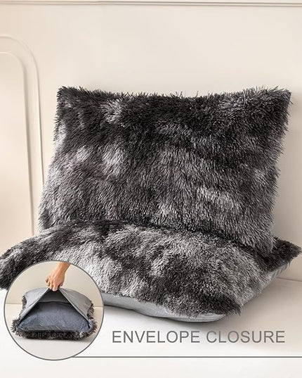 WINLIFE Shaggy Comforter Set Twin Grey for Boys Teens Faux Fur Bedding Sets Flannel Furry Comforter Plush Comforter Sets Gradient Ombre Tie Dye Bed Sets (3Pcs, Twin, Dark Grey) - LeafyLoom