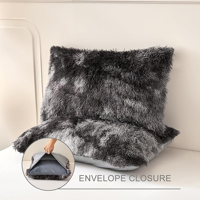 WINLIFE Shaggy Comforter Set Twin Grey for Boys Teens Faux Fur Bedding Sets Flannel Furry Comforter Plush Comforter Sets Gradient Ombre Tie Dye Bed Sets (3Pcs, Twin, Dark Grey) - LeafyLoom
