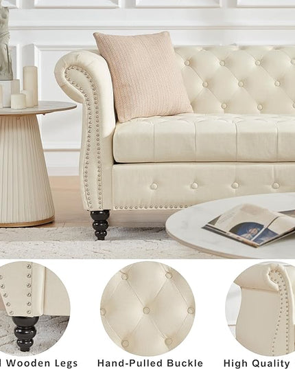 Tbfit Chesterfield Sofa with Rolled Arms, Classic Button Tufted 3 Seater Couch with Nailhead Trim, Upholstered Chesterfield Couches with Gourd Wooden Legs, Linen Sofas for Living Room, Bedroom, Beige - LeafyLoom