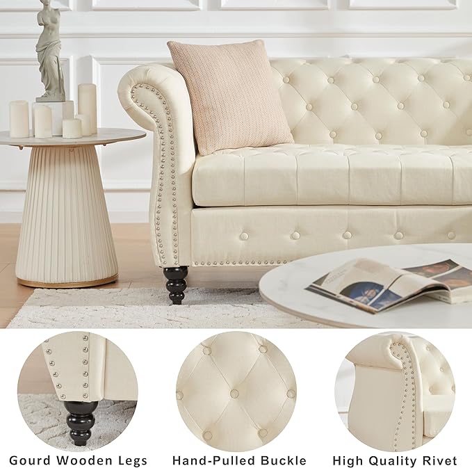 Tbfit Chesterfield Sofa with Rolled Arms, Classic Button Tufted 3 Seater Couch with Nailhead Trim, Upholstered Chesterfield Couches with Gourd Wooden Legs, Linen Sofas for Living Room, Bedroom, Beige - LeafyLoom
