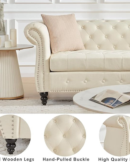 Tbfit L-Shape Sofa Couch with Chaise, Chesterfield Sofas with Nailhead Trim, Deep Button Tufted Sectional Couches for Living Room, Vintage Couches with Solid Wood Frame and Rolled Arms, Beige - LeafyLoom