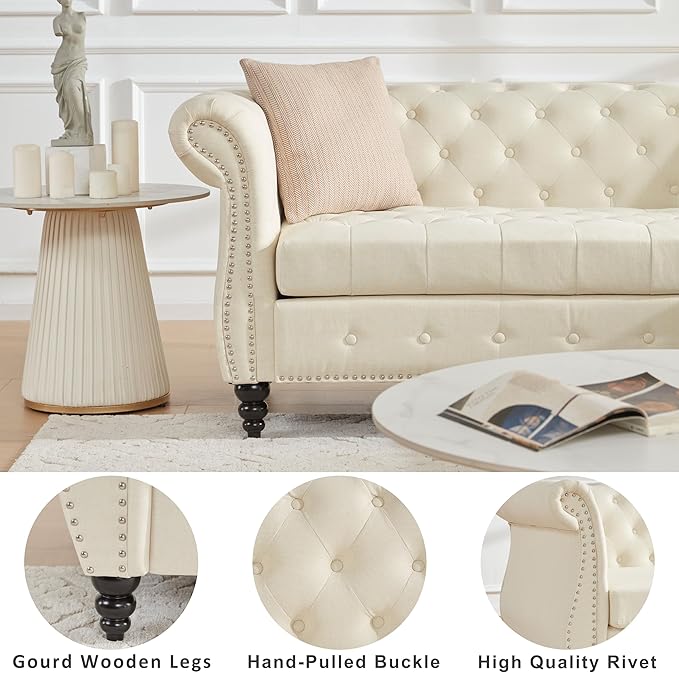 Tbfit L-Shape Sofa Couch with Chaise, Chesterfield Sofas with Nailhead Trim, Deep Button Tufted Sectional Couches for Living Room, Vintage Couches with Solid Wood Frame and Rolled Arms, Beige - LeafyLoom