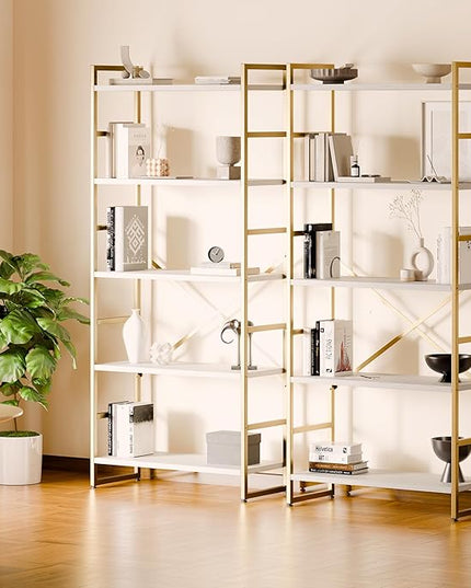 Shintenchi 5 Tiers Bookshelf, Classically Tall Bookcase Shelf,Industrial Book Rack,Modern Book Holder in Bedroom/Living Room/Home/Office, Storage Rack Shelves for Books/Movies,Gold - LeafyLoom