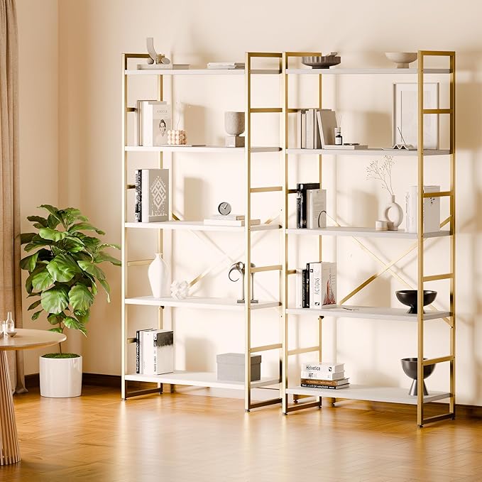 Shintenchi 5 Tiers Bookshelf, Classically Tall Bookcase Shelf,Industrial Book Rack,Modern Book Holder in Bedroom/Living Room/Home/Office, Storage Rack Shelves for Books/Movies,Gold - LeafyLoom