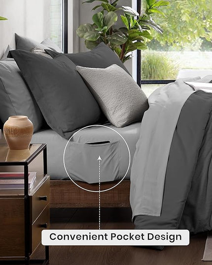 Monbix Queen Size Comforter Set, Dark Grey Bedding Comforter for Queen Size Bed Set Reversible, Queen Comforter Set 7 Pieces, Cationic Dyeing Bed in a Bag with Comforter, Sheets, Pillowcases & Shams - LeafyLoom