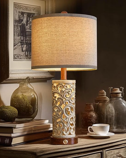 OYEARS 3-Way Dimmable 22'' USB A+C Touch Control Table Lamp with Nightlight for Living Room Bedroom Farmhouse Bedside Nightstand Lamps (Brown Bulb Included - LeafyLoom
