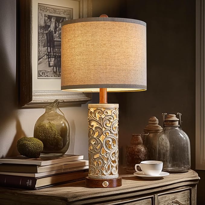 OYEARS 3-Way Dimmable 22'' USB A+C Touch Control Table Lamp with Nightlight for Living Room Bedroom Farmhouse Bedside Nightstand Lamps (Brown Bulb Included - LeafyLoom