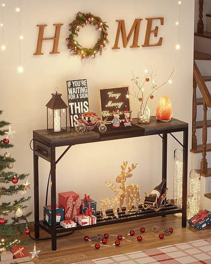 Narrow Console Table with Power Strips, Sofa Table with Storage Shelves for Living Room, 2-Tier Foyer Table for Entryway, Hallway, Behind Couch, Kitchen Counter, 39'', Grey Oak & Black - LeafyLoom