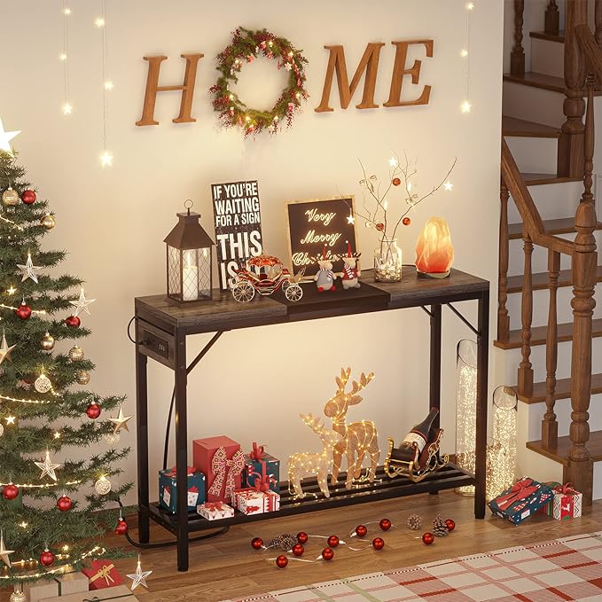 Narrow Console Table with Power Strips, Sofa Table with Storage Shelves for Living Room, 2-Tier Foyer Table for Entryway, Hallway, Behind Couch, Kitchen Counter, 39'', Grey Oak & Black - LeafyLoom