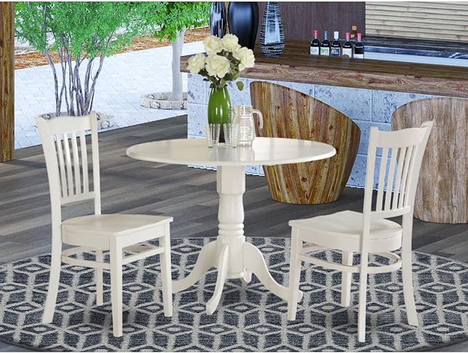 East West Furniture DLGR3-WHI-W 3 Piece Dining Table Set for Small Spaces Contains a Round Dining Room Table with Dropleaf and 2 Wood Seat Chairs, 42x42 Inch, Linen White - LeafyLoom