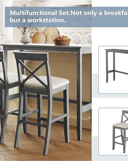 Farmhouse Style Rectangular Breakfast Nook with 2 Chairs, Solid Wood Multifunctional Bar Room, Kitchen, Small Place, 3 Piece Dining Table Set, Gray 6 - LeafyLoom