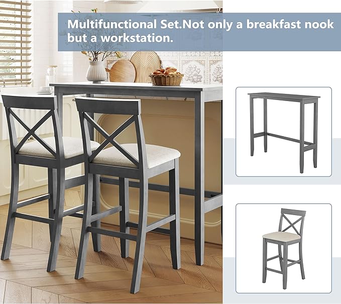Farmhouse Style Rectangular Breakfast Nook with 2 Chairs, Solid Wood Multifunctional Bar Room, Kitchen, Small Place, 3 Piece Dining Table Set, Gray 6 - LeafyLoom