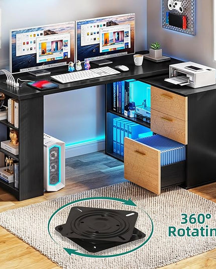 DWVO L Shaped Desk with Drawers, 59" Corner Computer Desk with Power Outlets & LED Lights, 360 Rotating Corner Desk Office Desk with Bookshelf, Wood Desk, Black - LeafyLoom