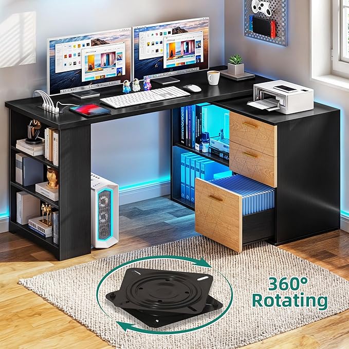 DWVO L Shaped Desk with Drawers, 59" Corner Computer Desk with Power Outlets & LED Lights, 360 Rotating Corner Desk Office Desk with Bookshelf, Wood Desk, Black - LeafyLoom