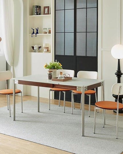 Modern Expandable Dining Table，Rectangular Kitchen Wooden Table with Stainless Steel Legs for Dinner Small Spaces， Space-Saving Foldable Table - LeafyLoom