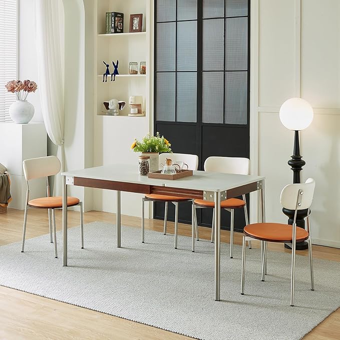 Modern Expandable Dining Table，Rectangular Kitchen Wooden Table with Stainless Steel Legs for Dinner Small Spaces， Space-Saving Foldable Table - LeafyLoom