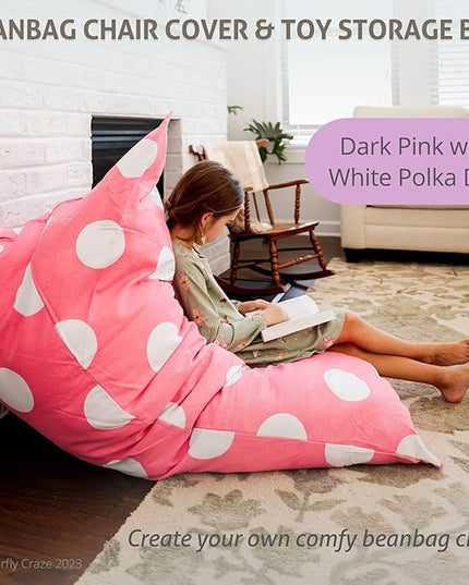 Butterfly Craze Bean Bag Chair Cover, Functional Toddler Toy Organizer, Fill with Stuffed Animals to Create a Jumbo, Comfy Floor Lounger for Boys or Girls, Stuffing Not Included, Pink Polka Dots - LeafyLoom