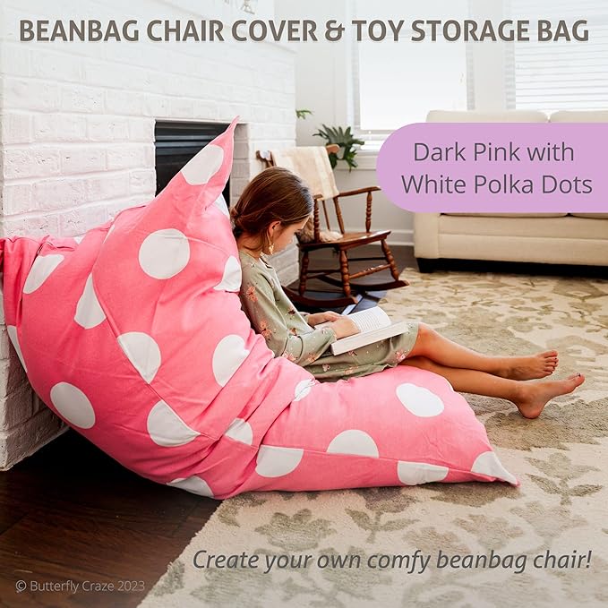 Butterfly Craze Bean Bag Chair Cover, Functional Toddler Toy Organizer, Fill with Stuffed Animals to Create a Jumbo, Comfy Floor Lounger for Boys or Girls, Stuffing Not Included, Pink Polka Dots - LeafyLoom