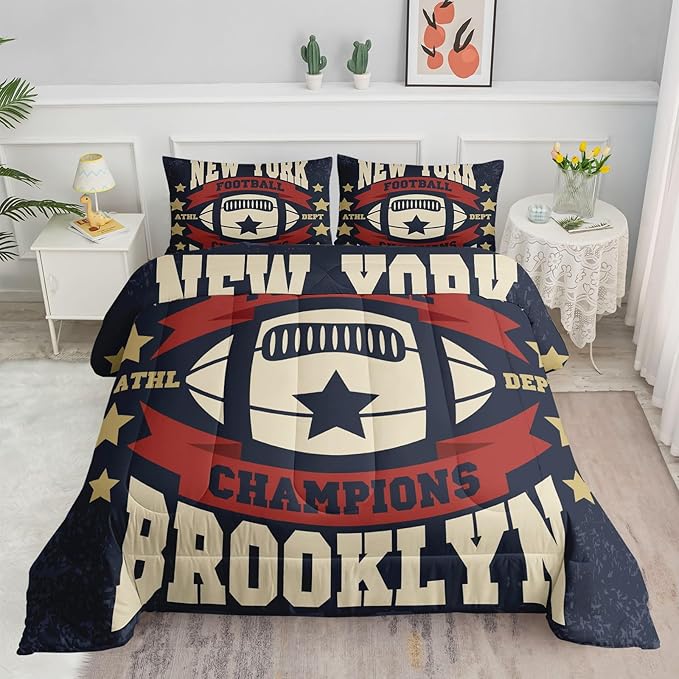 Datura home Football Comforter Sets for Boys Kids,Red Blue Theme Beige Football Championship,Duvet 3Pcs in Quilt Sets with 1 Comforter and 2 Pillowcases All Season(Red Full) - LeafyLoom