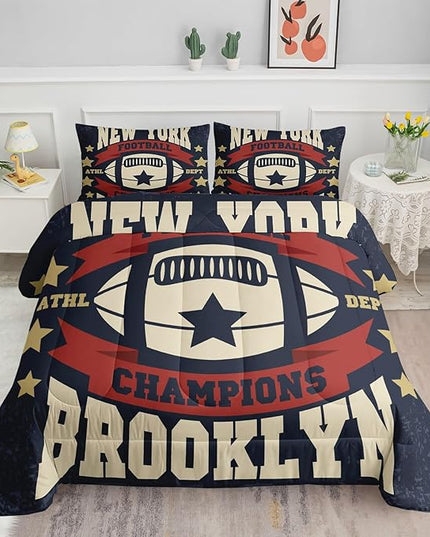 Datura home Football Comforter Sets for Boys Kids,Red Blue Theme Beige Football Championship,Duvet 3Pcs in Quilt Sets with 1 Comforter and 2 Pillowcases All Season(Red Queen) - LeafyLoom