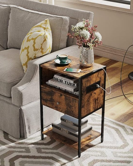 LDTTCUK Nightstand with Charging Station, Modern End Table with Drawer, Bedside Table with Open Storage for Bedroom,Rustic Brown - LeafyLoom