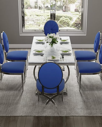 ACEDÉCOR Blue and Silver Dining Chairs, Classic King Louis Upholstered Dining Room Chair with Silver X Shaped Legs, Modern Armless Chair Set of 8 - LeafyLoom