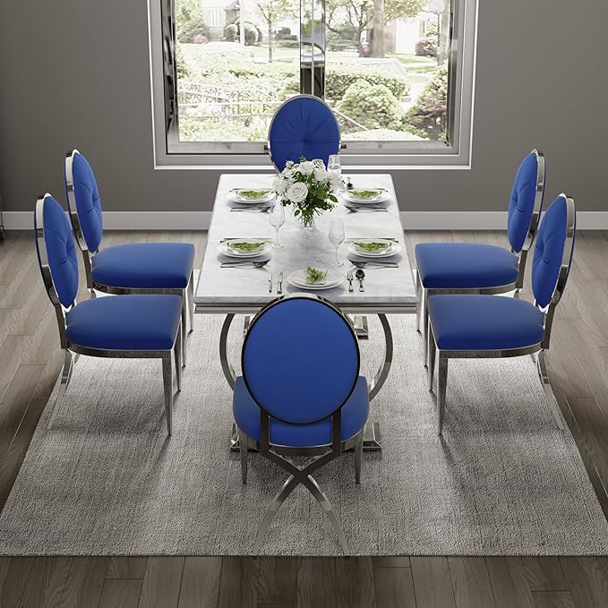 ACEDÉCOR Blue and Silver Dining Chairs, Classic King Louis Upholstered Dining Room Chair with Silver X Shaped Legs, Modern Armless Chair Set of 8 - LeafyLoom
