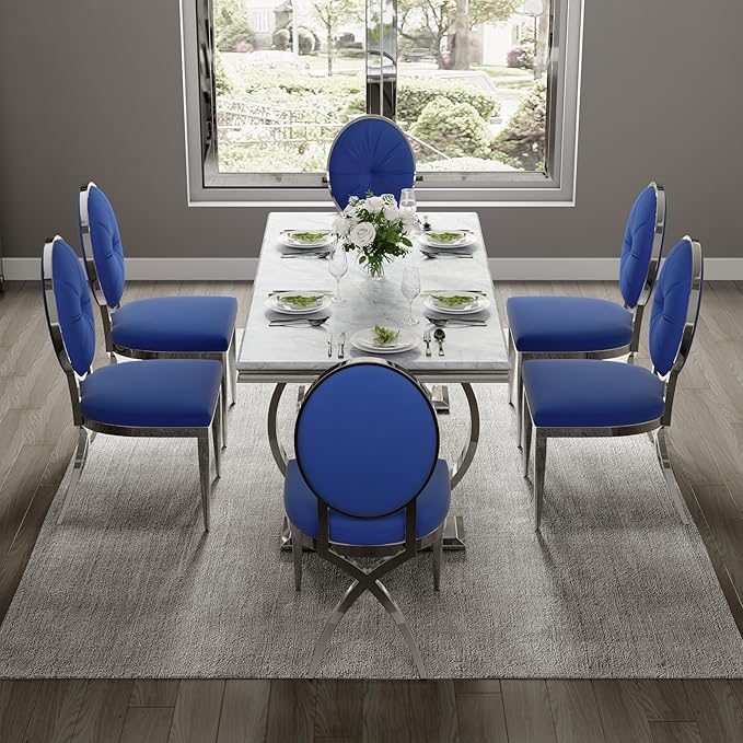 ACEDÉCOR Blue and Silver Dining Chairs, Mid-Century Modern Velvet Dining Chairs with Silver X Shaped Legs, for Kitchen, Dining Room, Living Room,Restaurant, Set of 6 - LeafyLoom